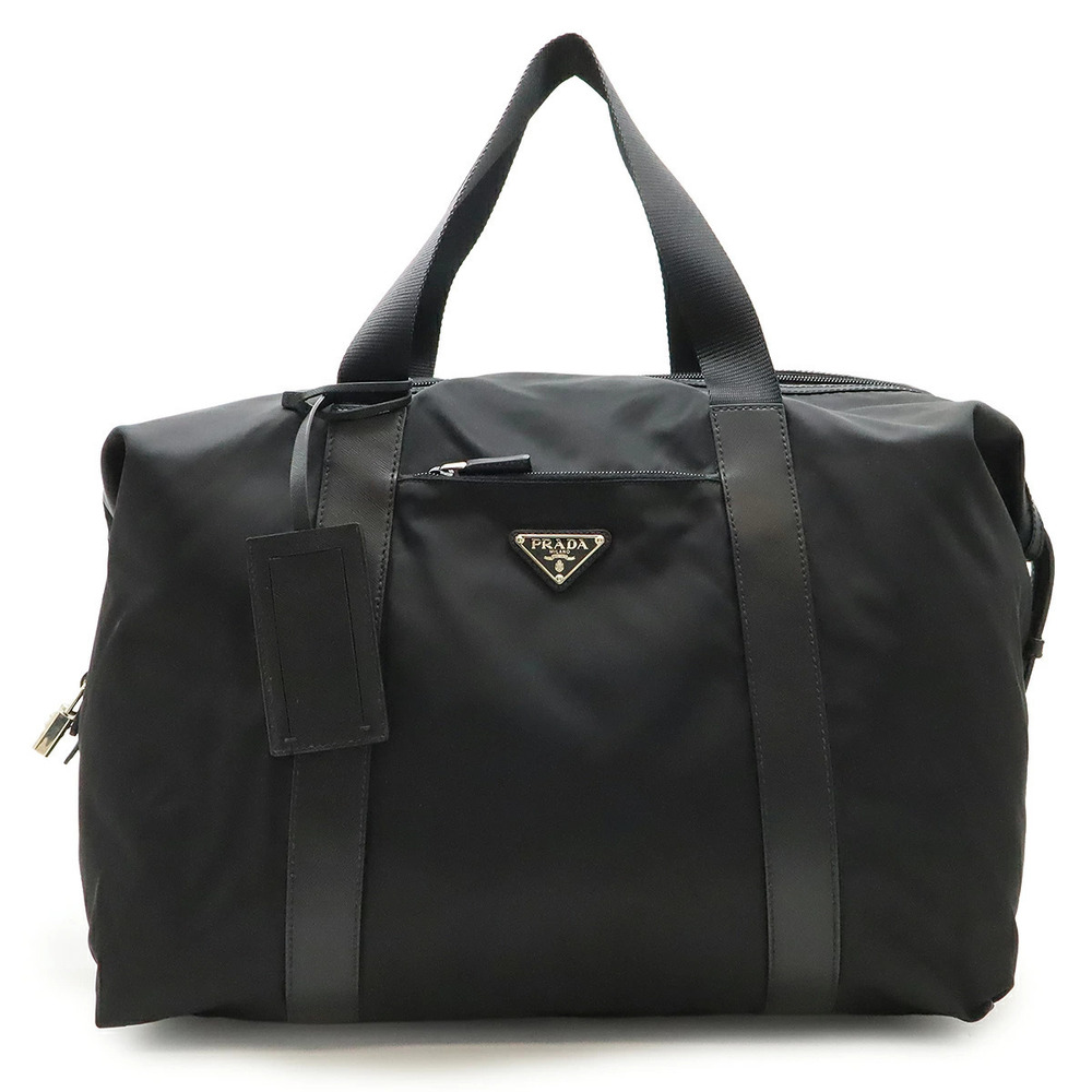 Prada Triangle Boston Bag Travel Tote Leather NERO Black
